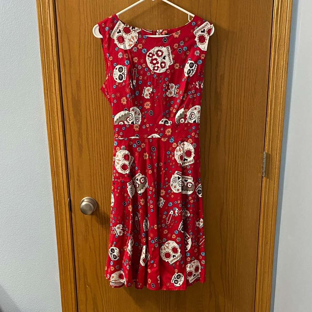 Hot vibrant Day of the Dead sleeveless waist tie dress size XL extra large